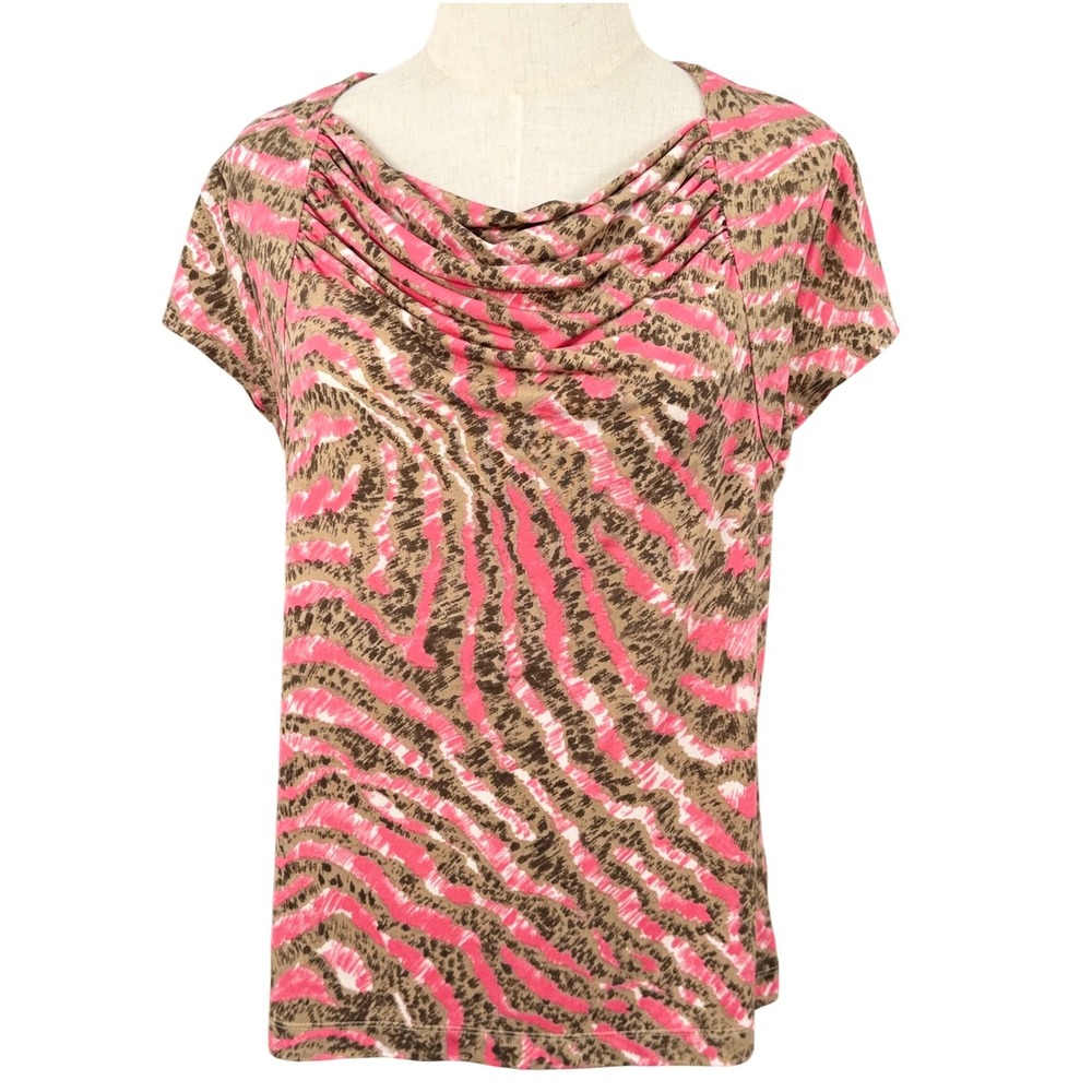 EUC Jones Wear L Blouse Pink Tan Animal Print Cowl Neck Mob‎ Wife Y2K Animalier